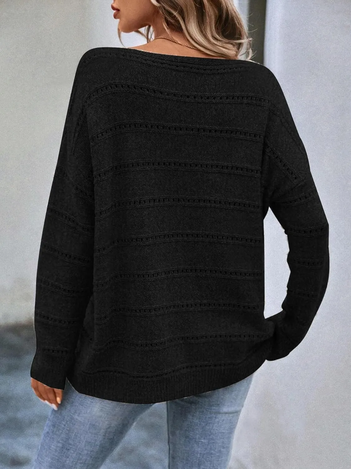 Women's Sweater Soft Boat Neck Hollow Out Long Sleeve Sweater Top Crochet Knit Tops