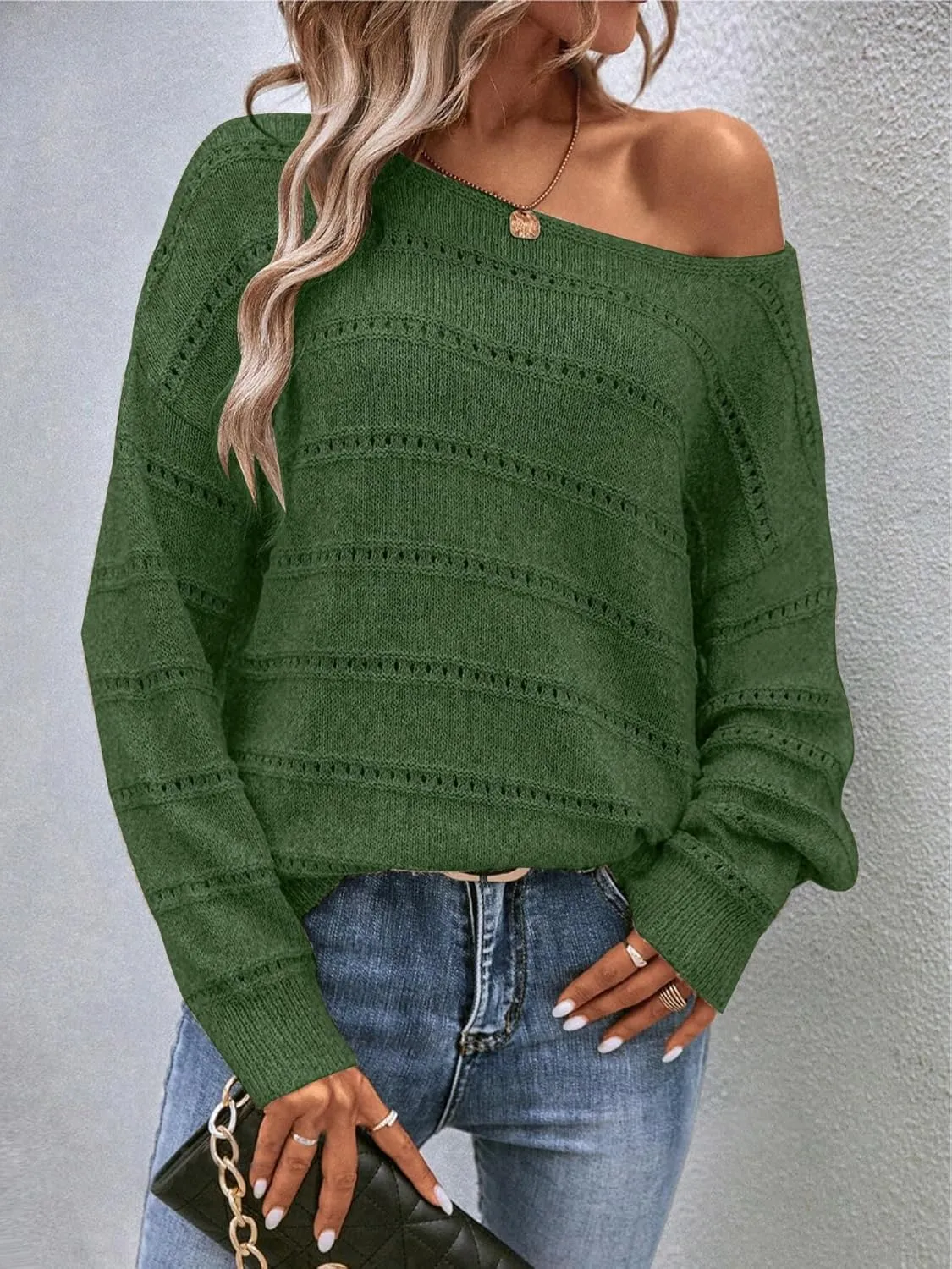 Women's Sweater Soft Boat Neck Hollow Out Long Sleeve Sweater Top Crochet Knit Tops
