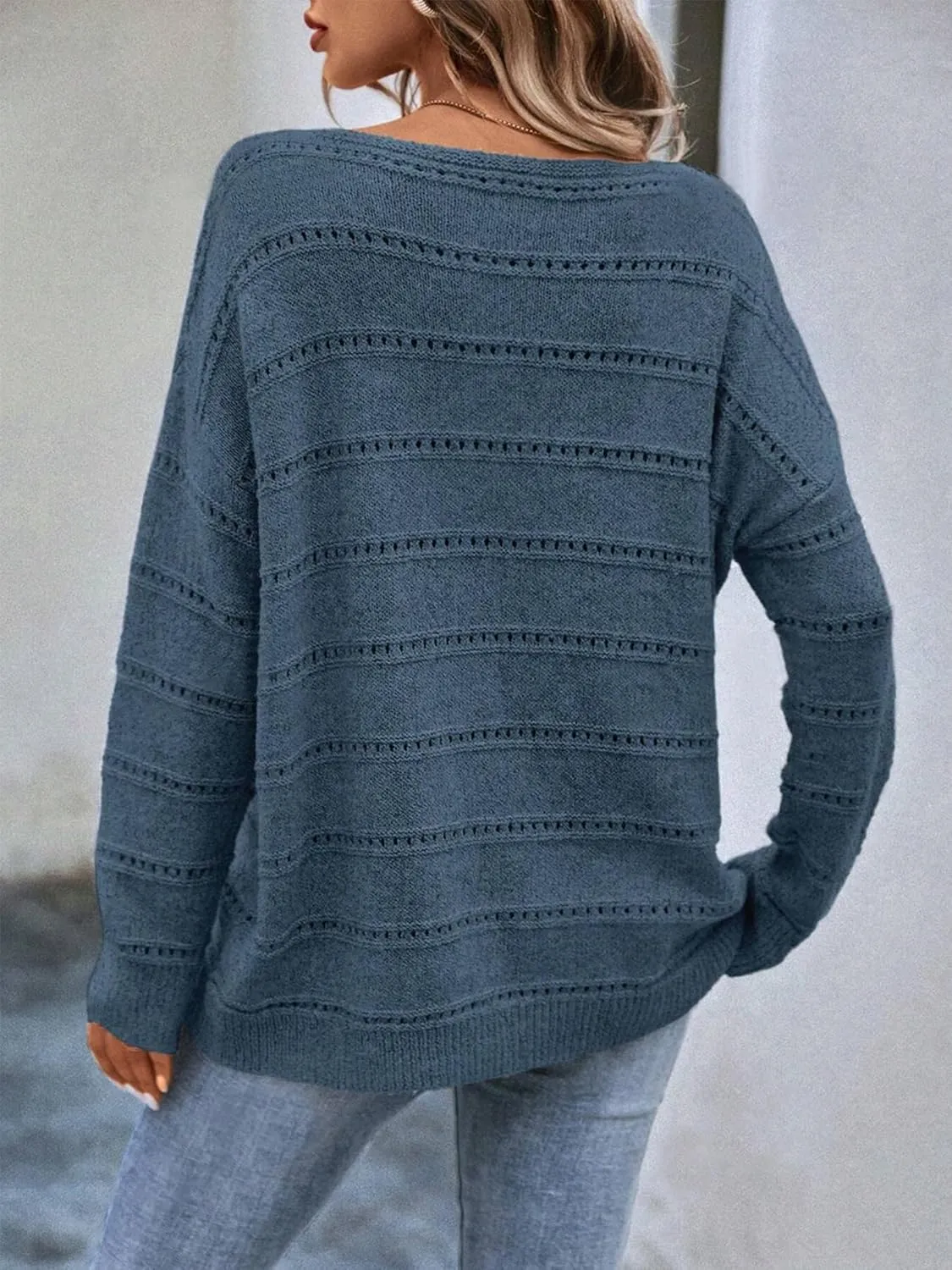 Women's Sweater Soft Boat Neck Hollow Out Long Sleeve Sweater Top Crochet Knit Tops