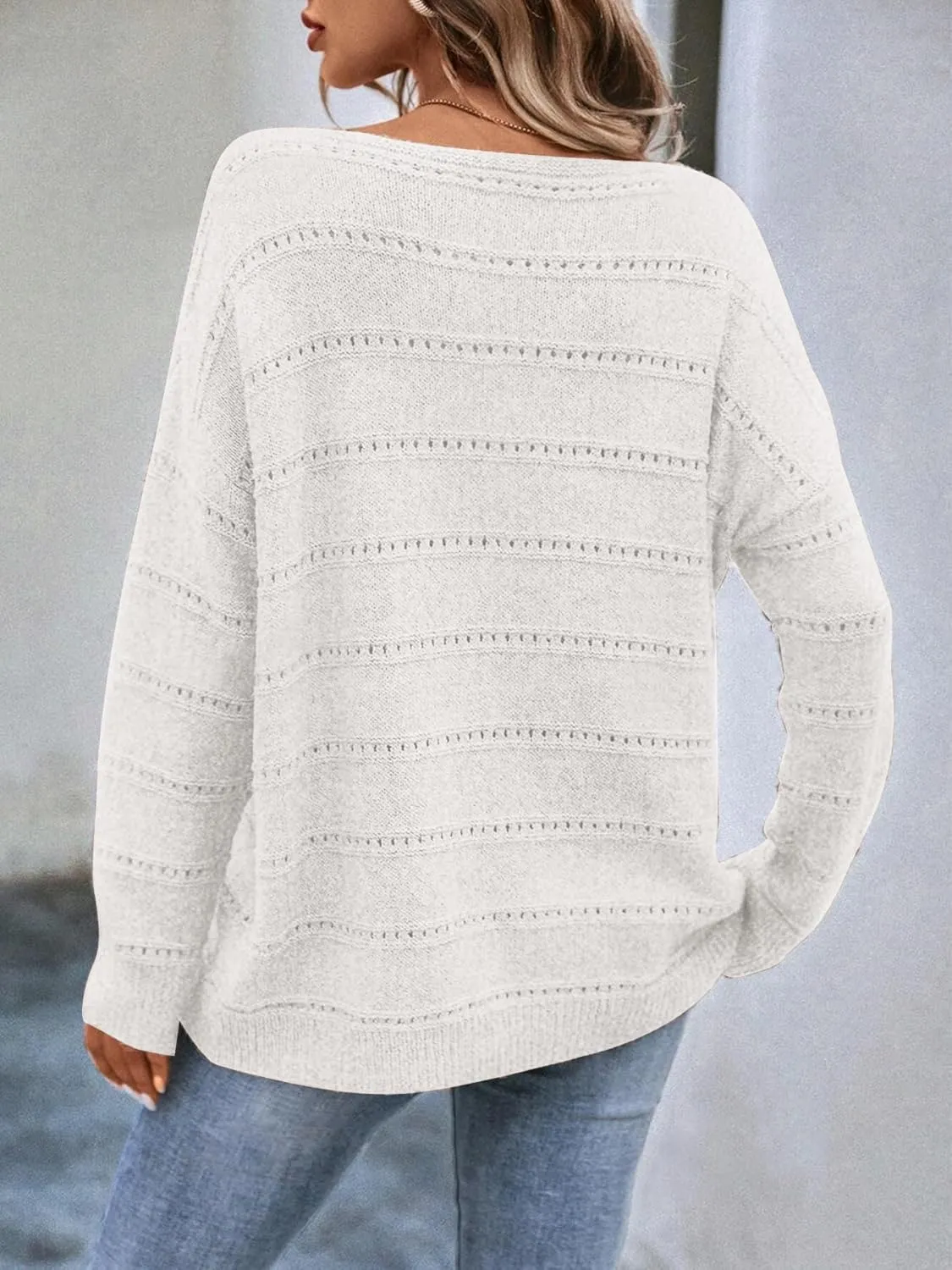 Women's Sweater Soft Boat Neck Hollow Out Long Sleeve Sweater Top Crochet Knit Tops