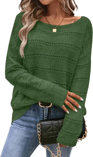 Women's Sweater Soft Boat Neck Hollow Out Long Sleeve Sweater Top Crochet Knit Tops