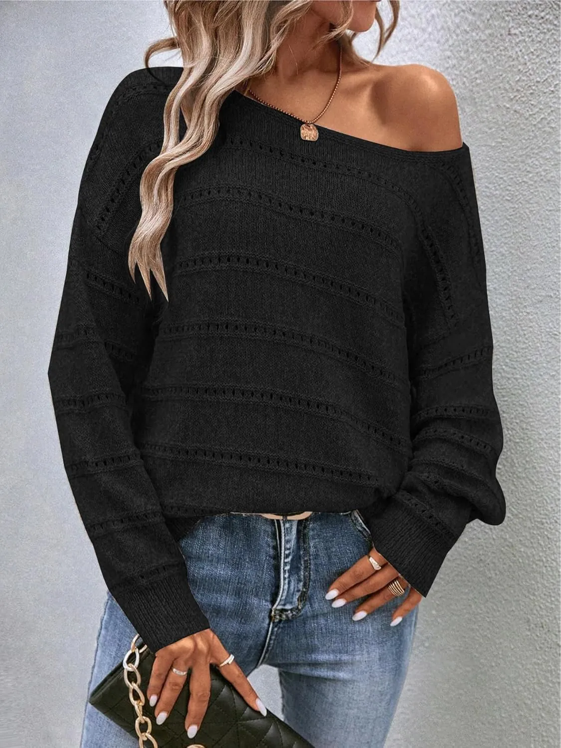 Women's Sweater Soft Boat Neck Hollow Out Long Sleeve Sweater Top Crochet Knit Tops
