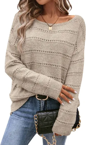 Women's Sweater Soft Boat Neck Hollow Out Long Sleeve Sweater Top Crochet Knit Tops
