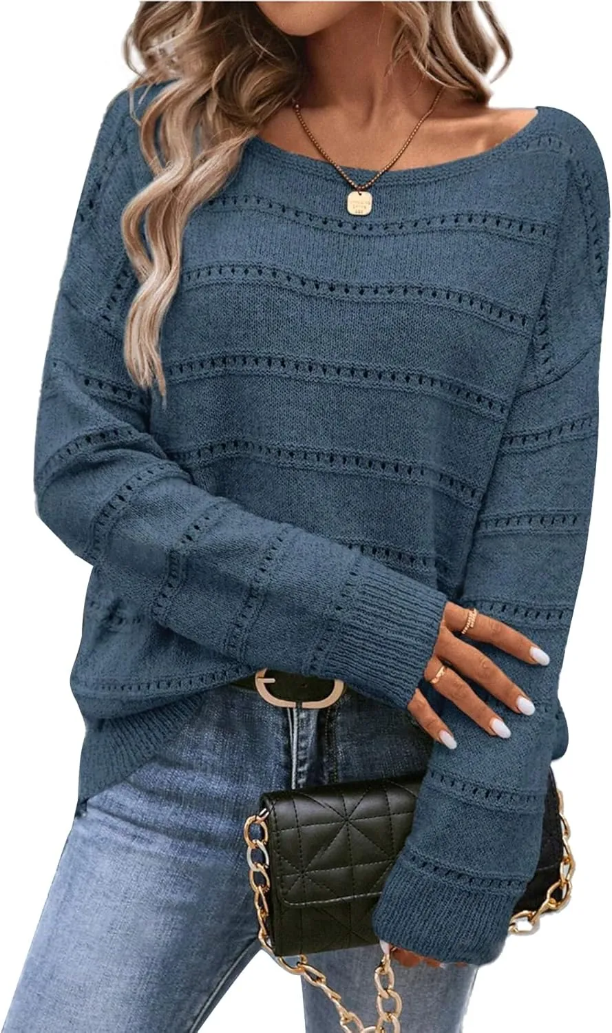 Women's Sweater Soft Boat Neck Hollow Out Long Sleeve Sweater Top Crochet Knit Tops