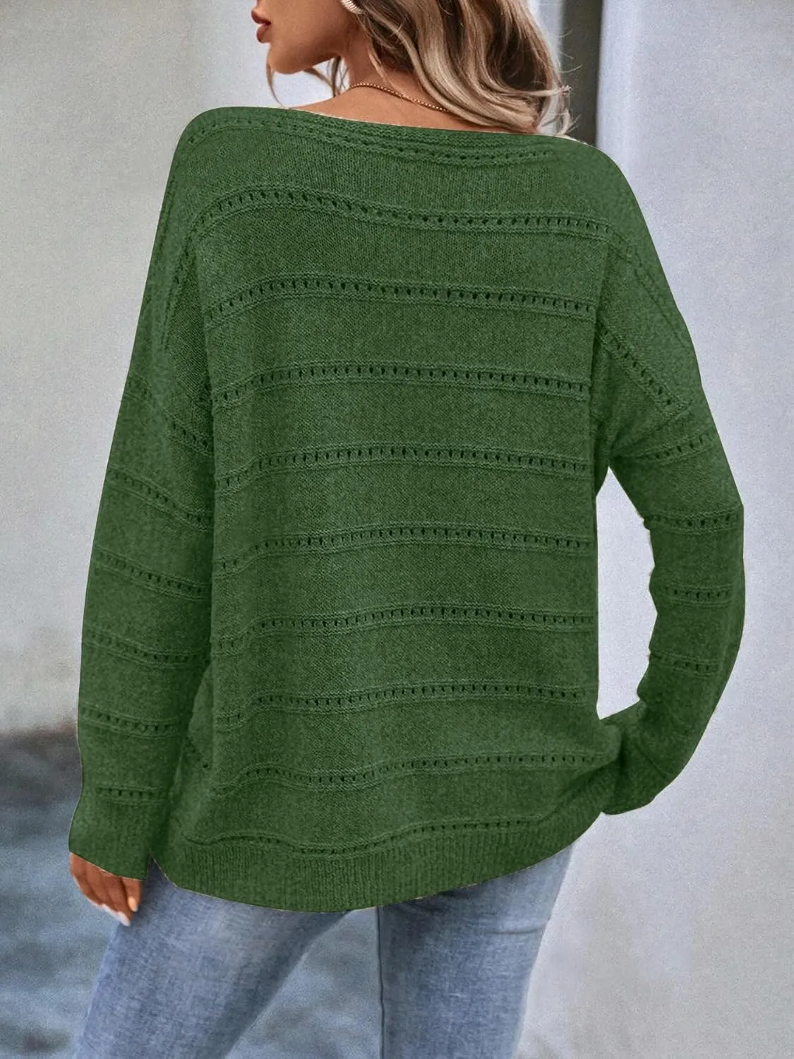 Women's Sweater Soft Boat Neck Hollow Out Long Sleeve Sweater Top Crochet Knit Tops