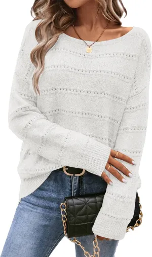 Women's Sweater Soft Boat Neck Hollow Out Long Sleeve Sweater Top Crochet Knit Tops
