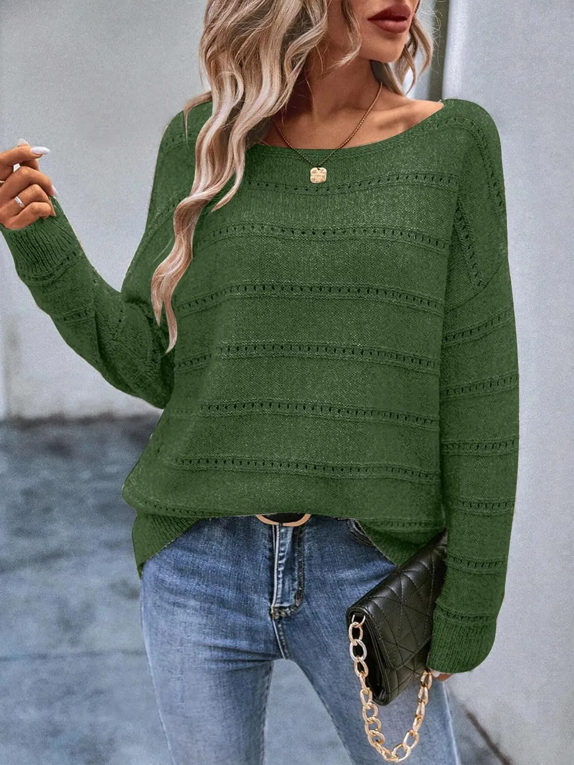 Women's Sweater Soft Boat Neck Hollow Out Long Sleeve Sweater Top Crochet Knit Tops