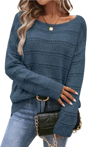 Women's Sweater Soft Boat Neck Hollow Out Long Sleeve Sweater Top Crochet Knit Tops