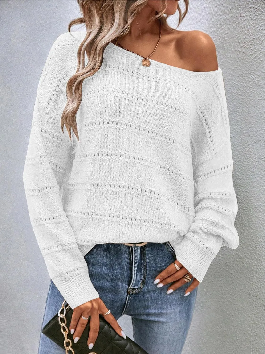 Women's Sweater Soft Boat Neck Hollow Out Long Sleeve Sweater Top Crochet Knit Tops