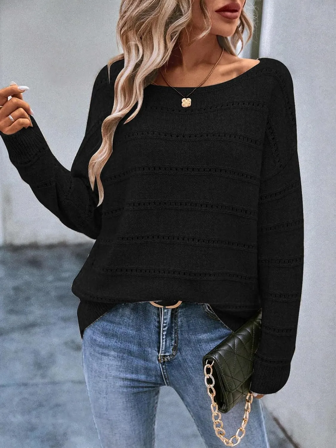 Women's Sweater Soft Boat Neck Hollow Out Long Sleeve Sweater Top Crochet Knit Tops