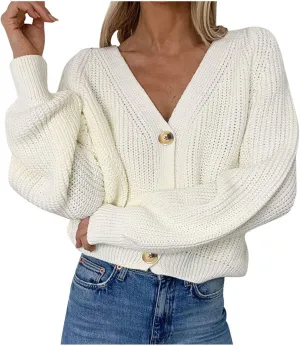 Womens Trendy Sweater Fall Vintage Thick Knitted V Neck Buttoned Long Sleeve Tunics Hollow Out Crochet Party Cardigan