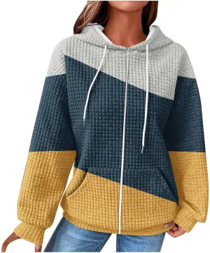 Womens Zip Up Hoodies Long Sleeve Color Block Waffle Knit Hooded Sweatshirt Comfy Oversized Sweatshirts