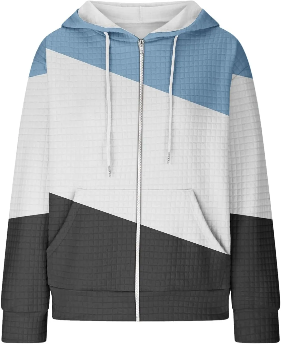 Womens Zip Up Hoodies Long Sleeve Color Block Waffle Knit Hooded Sweatshirt Comfy Oversized Sweatshirts
