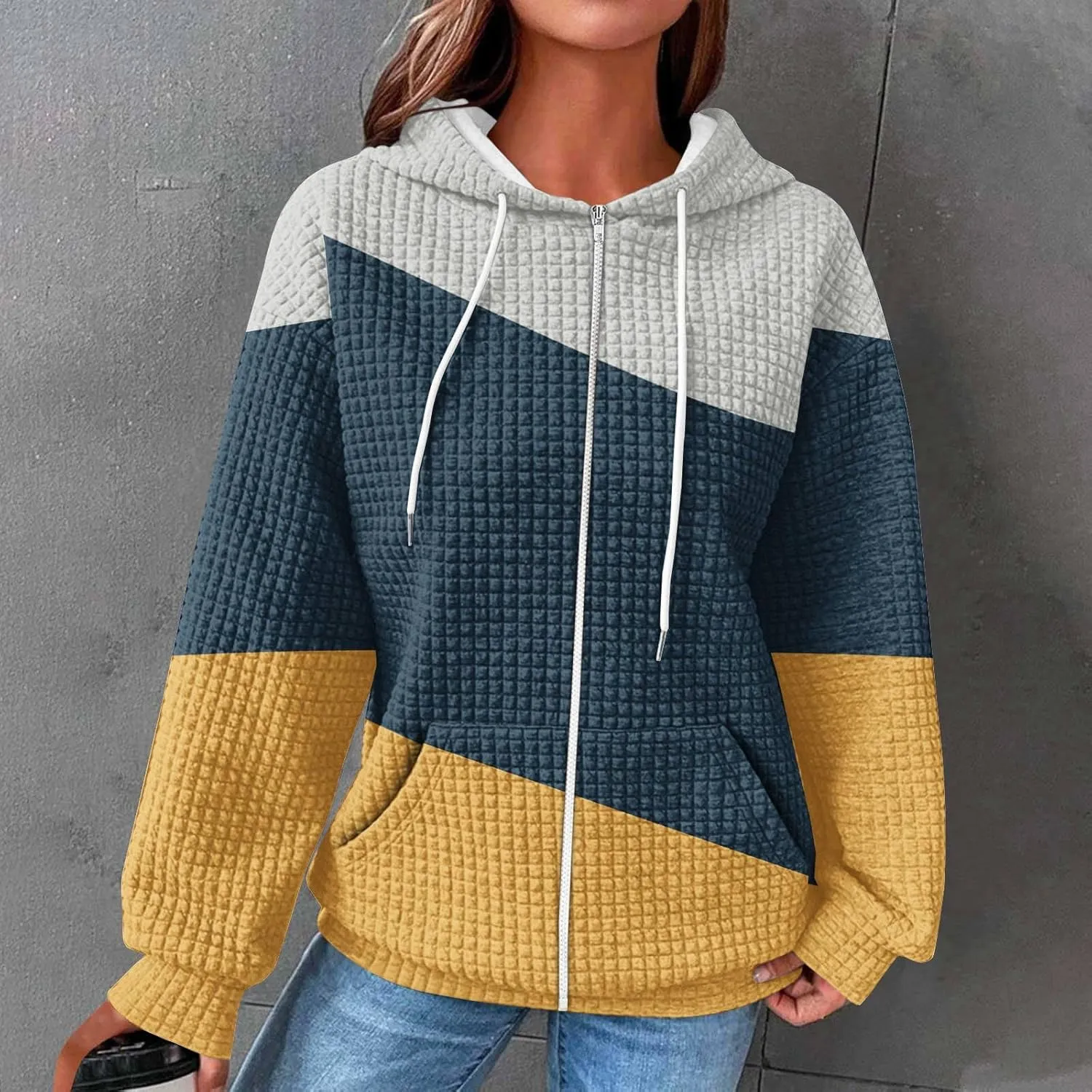 Womens Zip Up Hoodies Long Sleeve Color Block Waffle Knit Hooded Sweatshirt Comfy Oversized Sweatshirts