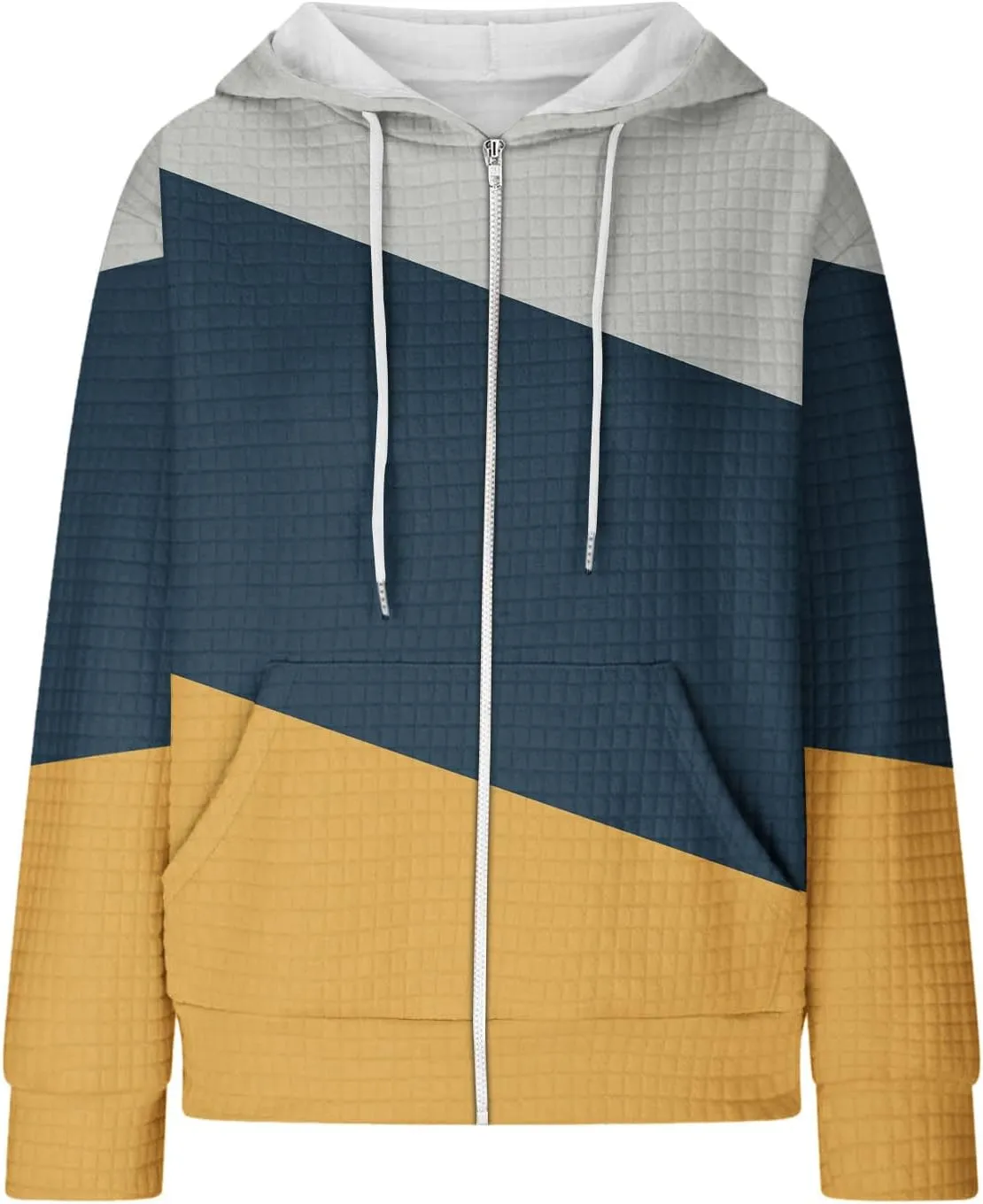 Womens Zip Up Hoodies Long Sleeve Color Block Waffle Knit Hooded Sweatshirt Comfy Oversized Sweatshirts