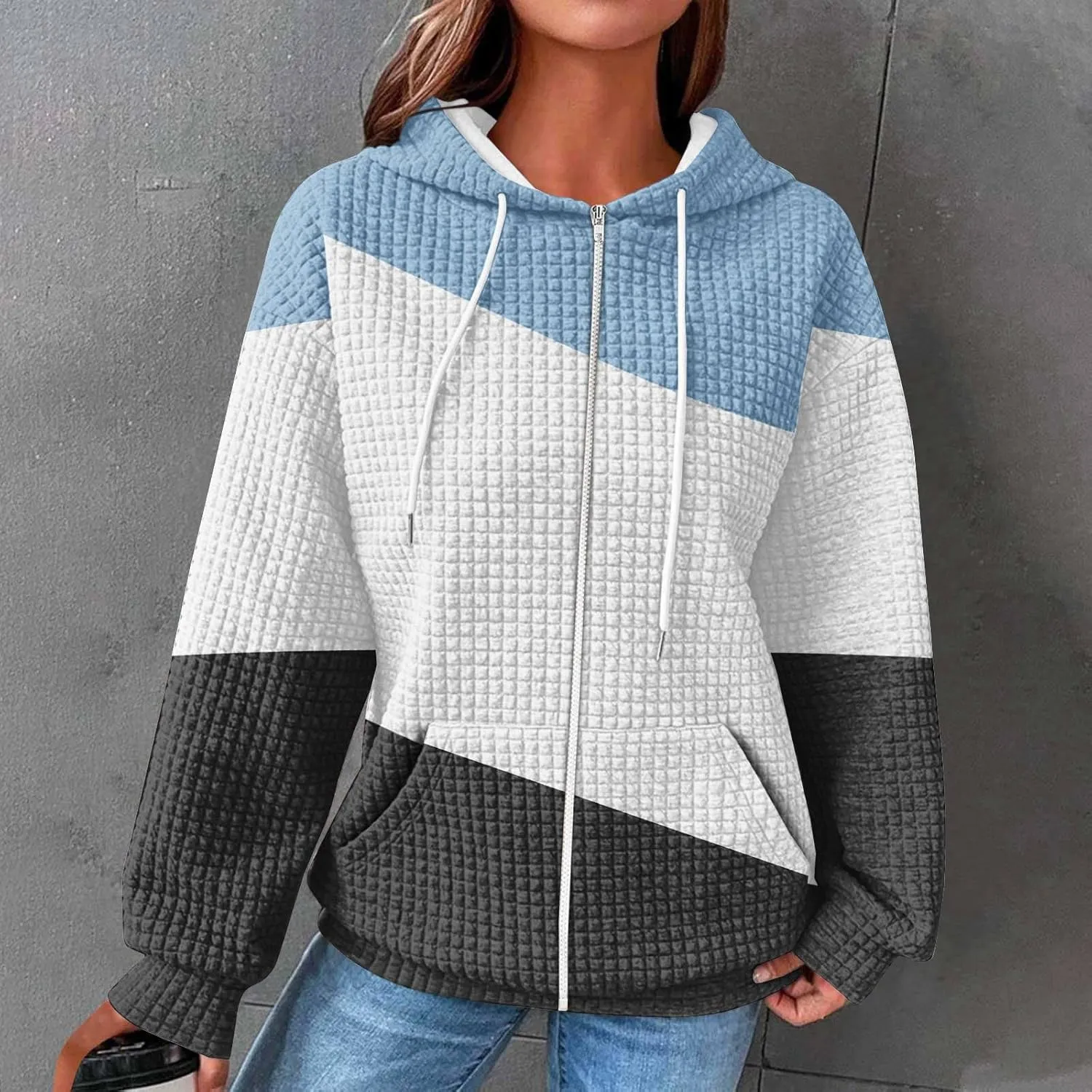 Womens Zip Up Hoodies Long Sleeve Color Block Waffle Knit Hooded Sweatshirt Comfy Oversized Sweatshirts