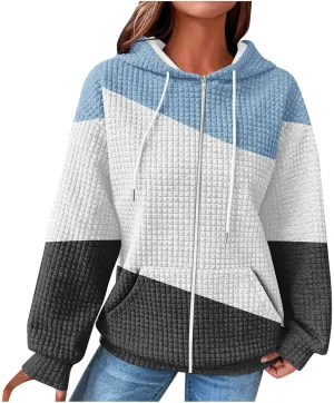 Womens Zip Up Hoodies Long Sleeve Color Block Waffle Knit Hooded Sweatshirt Comfy Oversized Sweatshirts