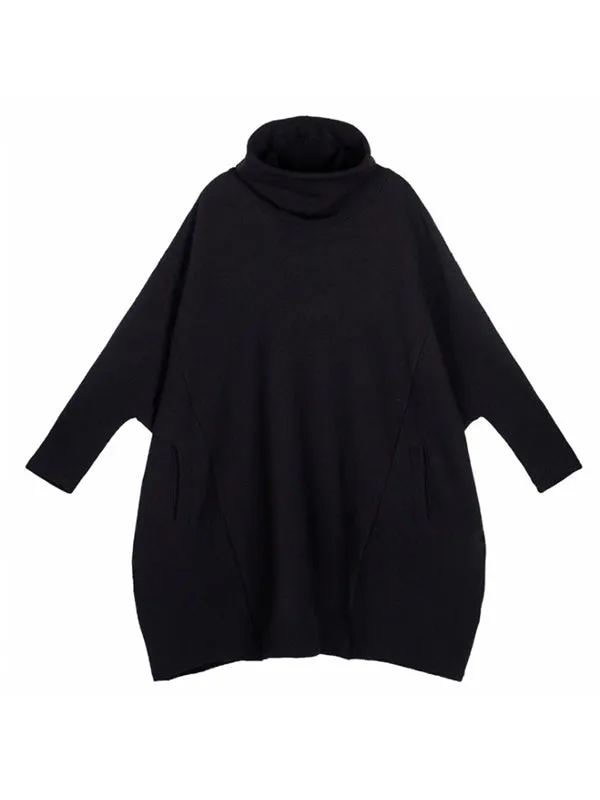 xakxx Super Loose Black High-Neck Knitting Batwing Sleeves Sweater Dress