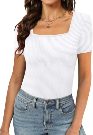XIEERDUO Womens Square Neck Short/Long SleeveTops 2024 Spring Summer Slim Fit Tees Shirts