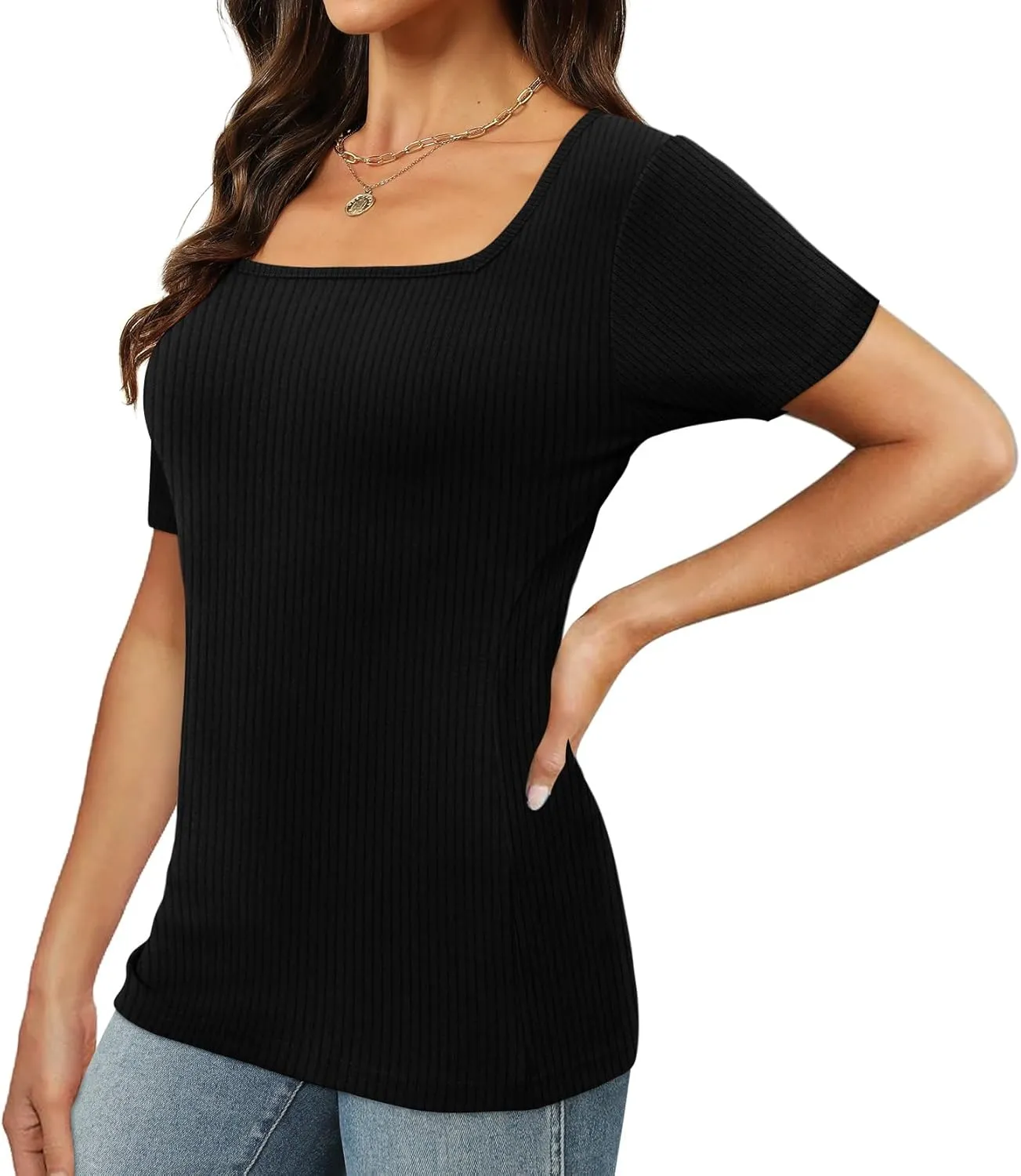 XIEERDUO Womens Square Neck Short/Long SleeveTops 2024 Spring Summer Slim Fit Tees Shirts
