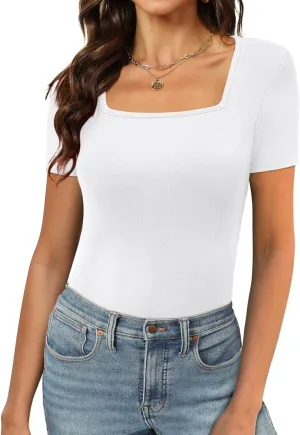 XIEERDUO Womens Square Neck Short/Long SleeveTops 2024 Spring Summer Slim Fit Tees Shirts