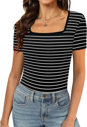 XIEERDUO Womens Square Neck Short/Long SleeveTops 2024 Spring Summer Slim Fit Tees Shirts