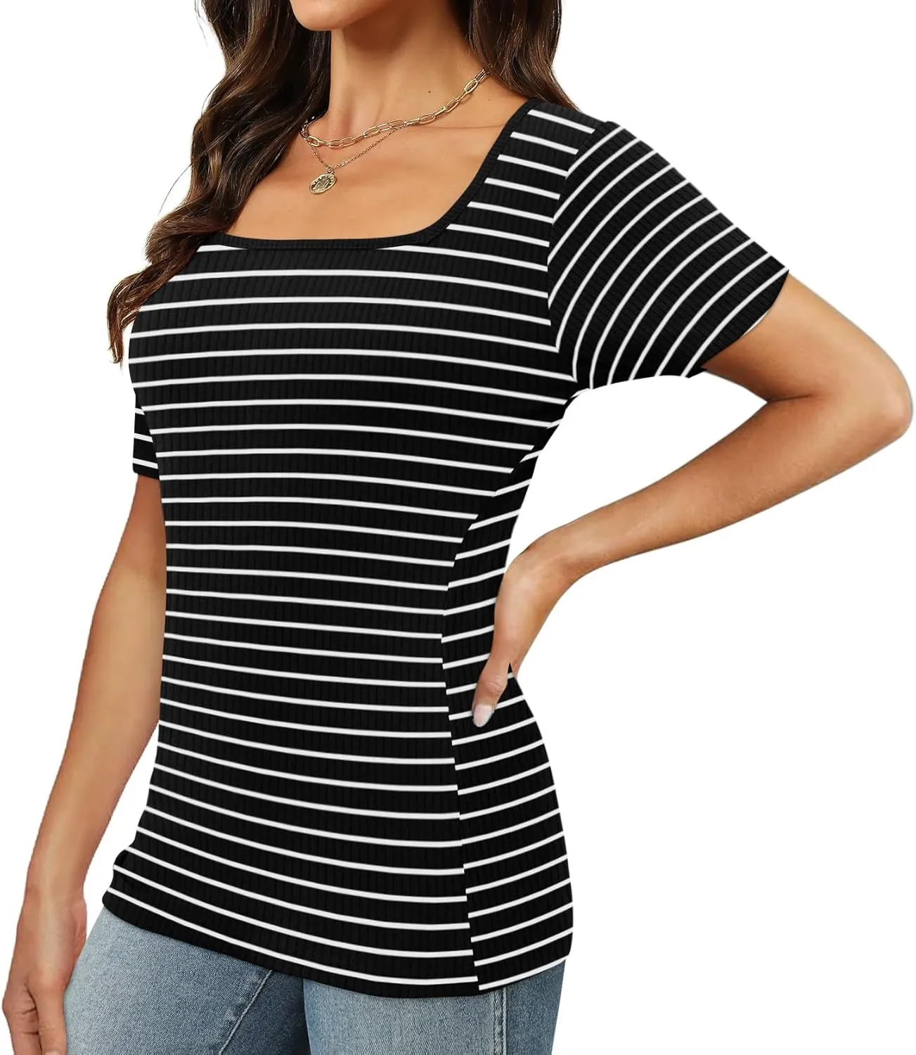 XIEERDUO Womens Square Neck Short/Long SleeveTops 2024 Spring Summer Slim Fit Tees Shirts
