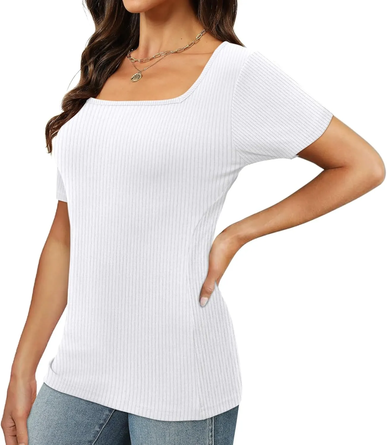 XIEERDUO Womens Square Neck Short/Long SleeveTops 2024 Spring Summer Slim Fit Tees Shirts