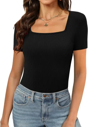 XIEERDUO Womens Square Neck Short/Long SleeveTops 2024 Spring Summer Slim Fit Tees Shirts