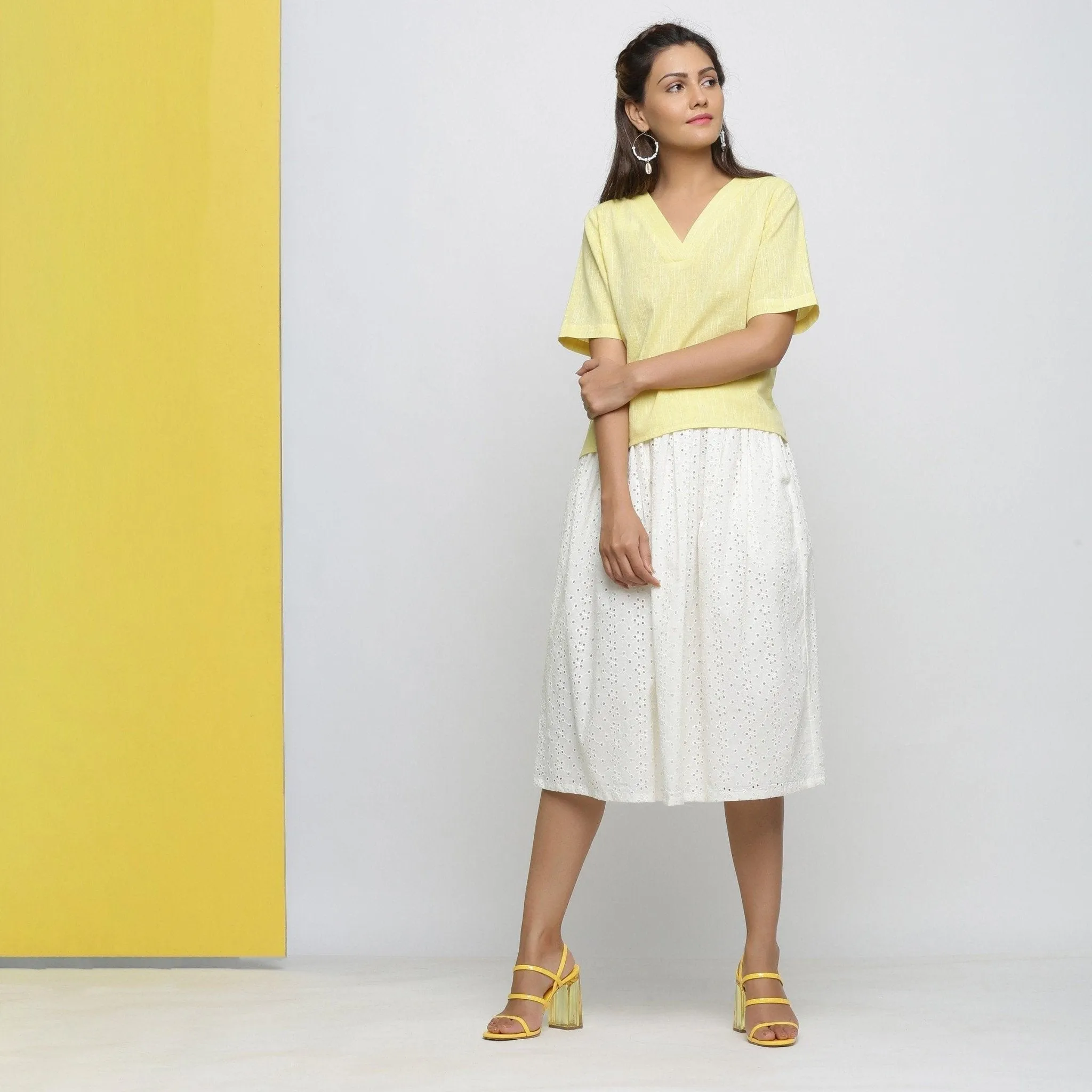 Yellow Yarn Dyed Cotton V-Neck High-Low Top