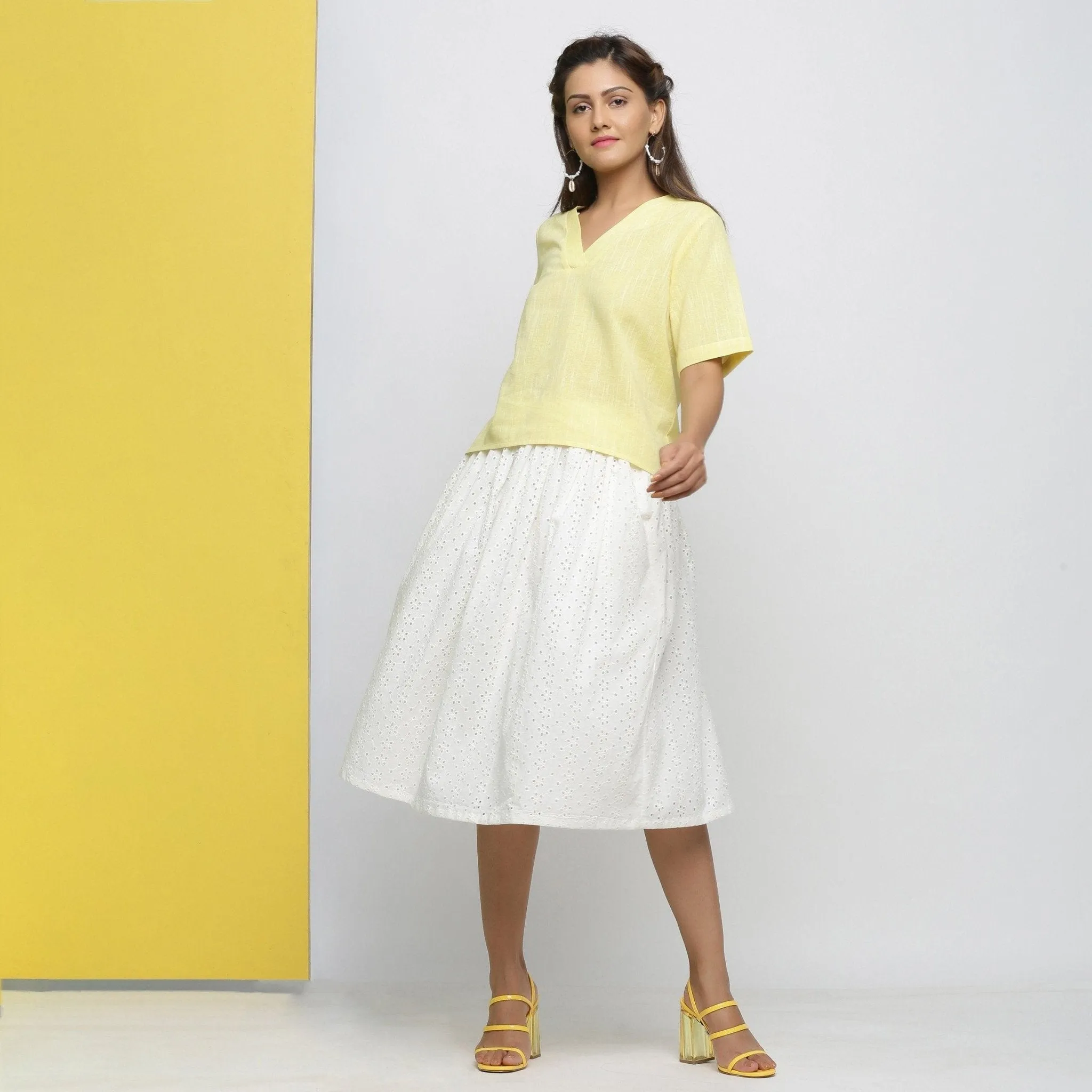 Yellow Yarn Dyed Cotton V-Neck High-Low Top