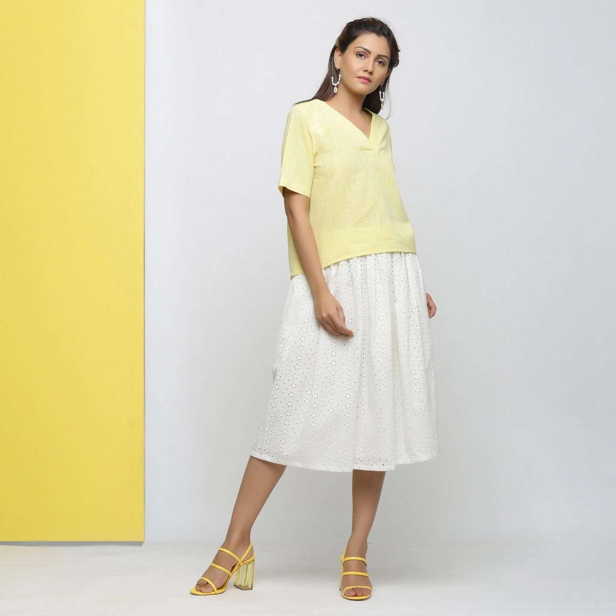 Yellow Yarn Dyed Cotton V-Neck High-Low Top