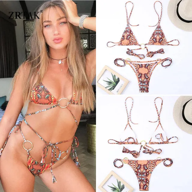 Zrtak Bikini Sexy Triangle Adjust Swimwear Women Bathing Suit Hollow Out Quality Pleated Swimsuit Female Double-Sided Bikini Set