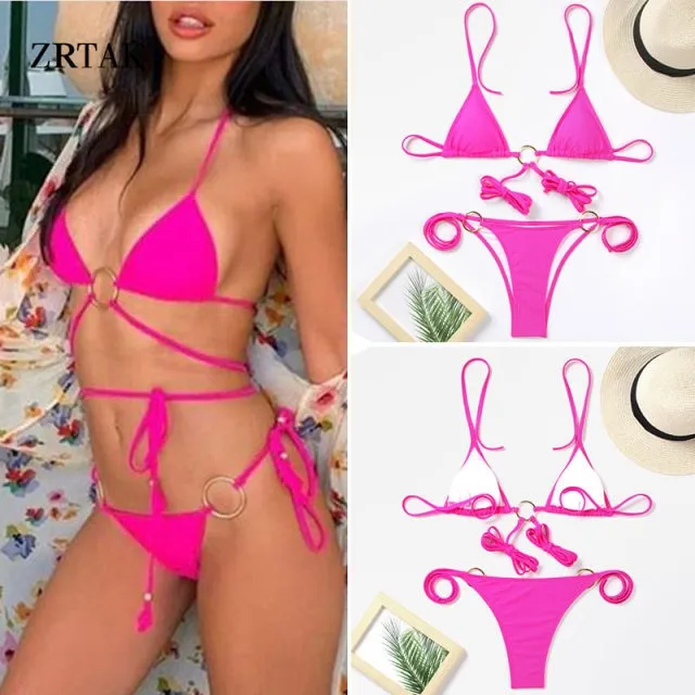 Zrtak Bikini Sexy Triangle Adjust Swimwear Women Bathing Suit Hollow Out Quality Pleated Swimsuit Female Double-Sided Bikini Set
