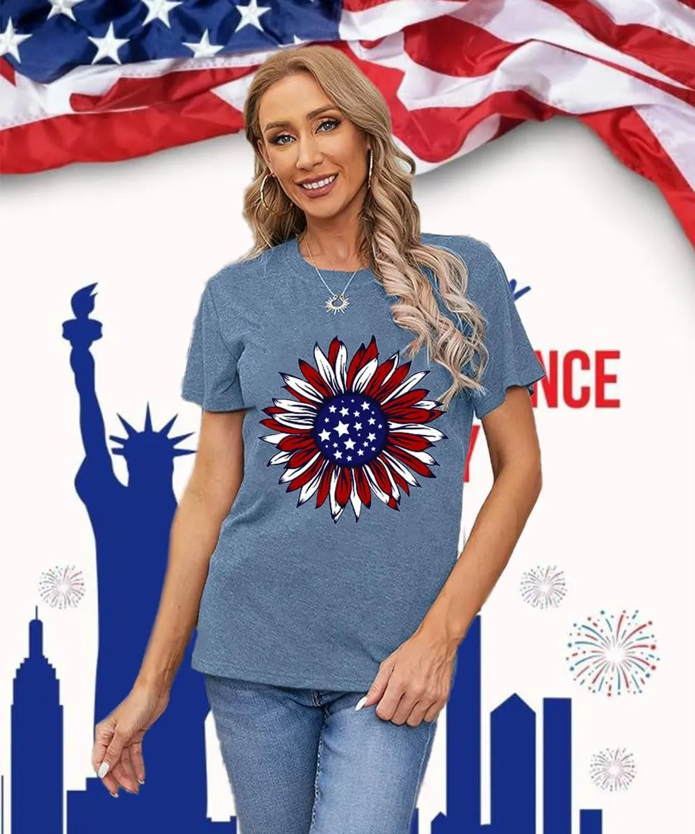 ZWSYXL American Flag Sunflower Shirts Women 4th of July Graphic Tees Patriotic T-Shirts USA Flag Star Stripe Tops