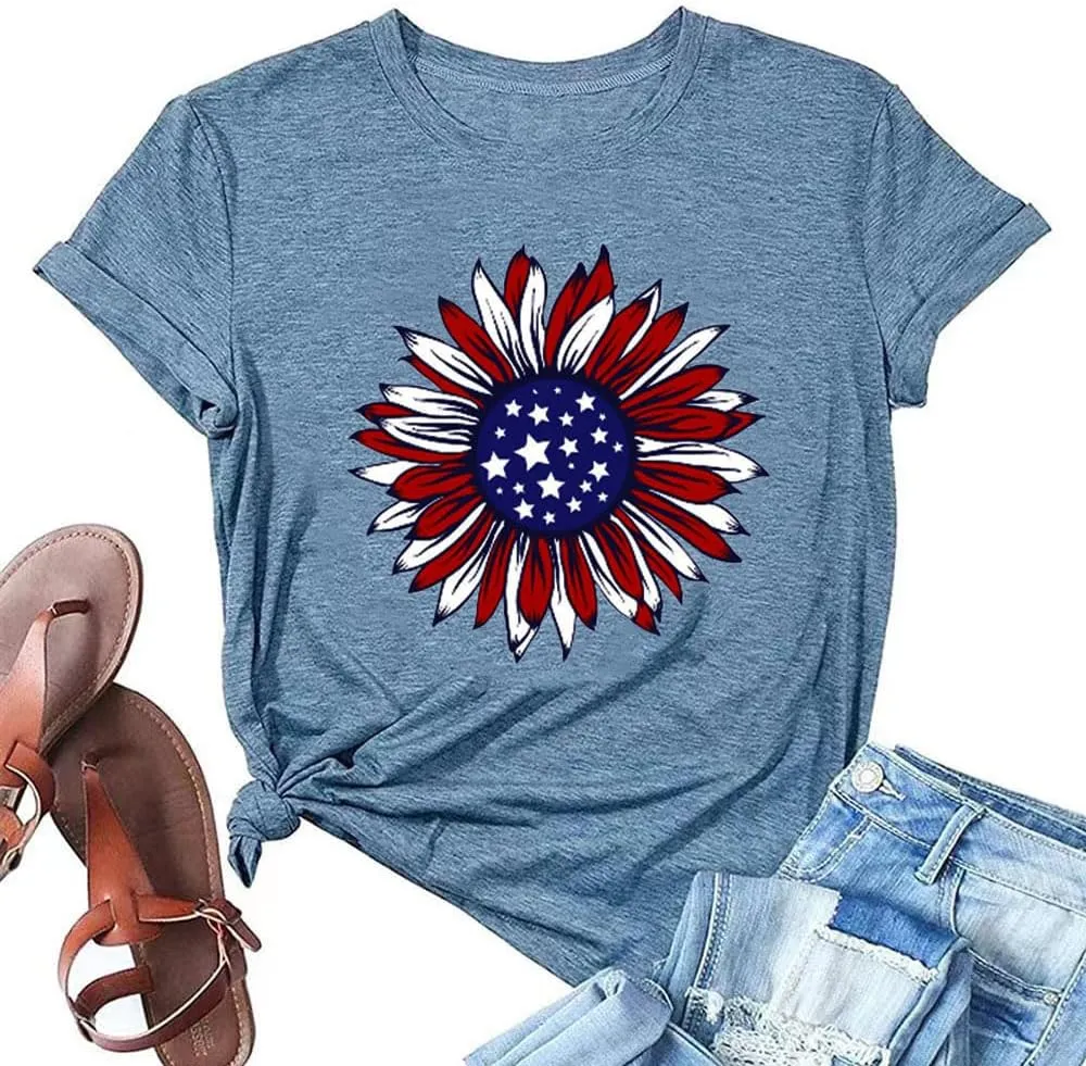ZWSYXL American Flag Sunflower Shirts Women 4th of July Graphic Tees Patriotic T-Shirts USA Flag Star Stripe Tops