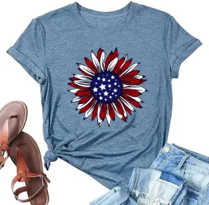 ZWSYXL American Flag Sunflower Shirts Women 4th of July Graphic Tees Patriotic T-Shirts USA Flag Star Stripe Tops