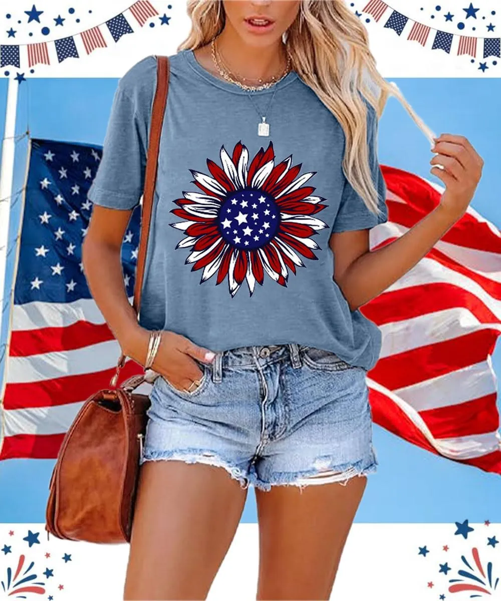 ZWSYXL American Flag Sunflower Shirts Women 4th of July Graphic Tees Patriotic T-Shirts USA Flag Star Stripe Tops