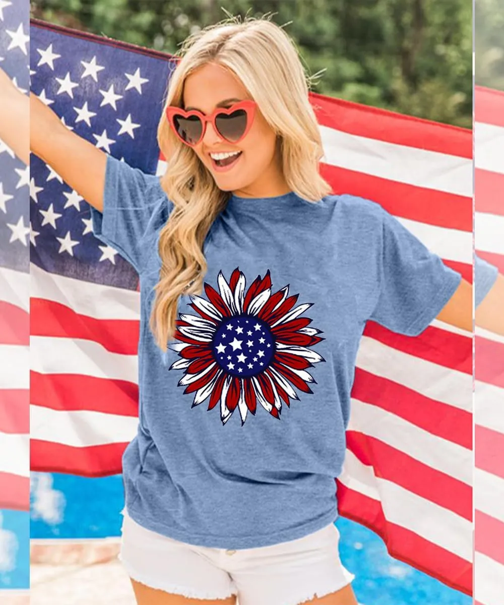 ZWSYXL American Flag Sunflower Shirts Women 4th of July Graphic Tees Patriotic T-Shirts USA Flag Star Stripe Tops